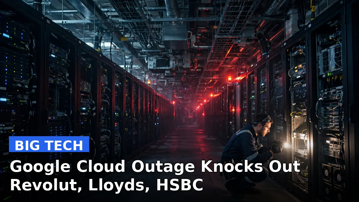 Illustration of a cloud data center in London with a red power-failure warning, representing the October 2026 Google Cloud outage