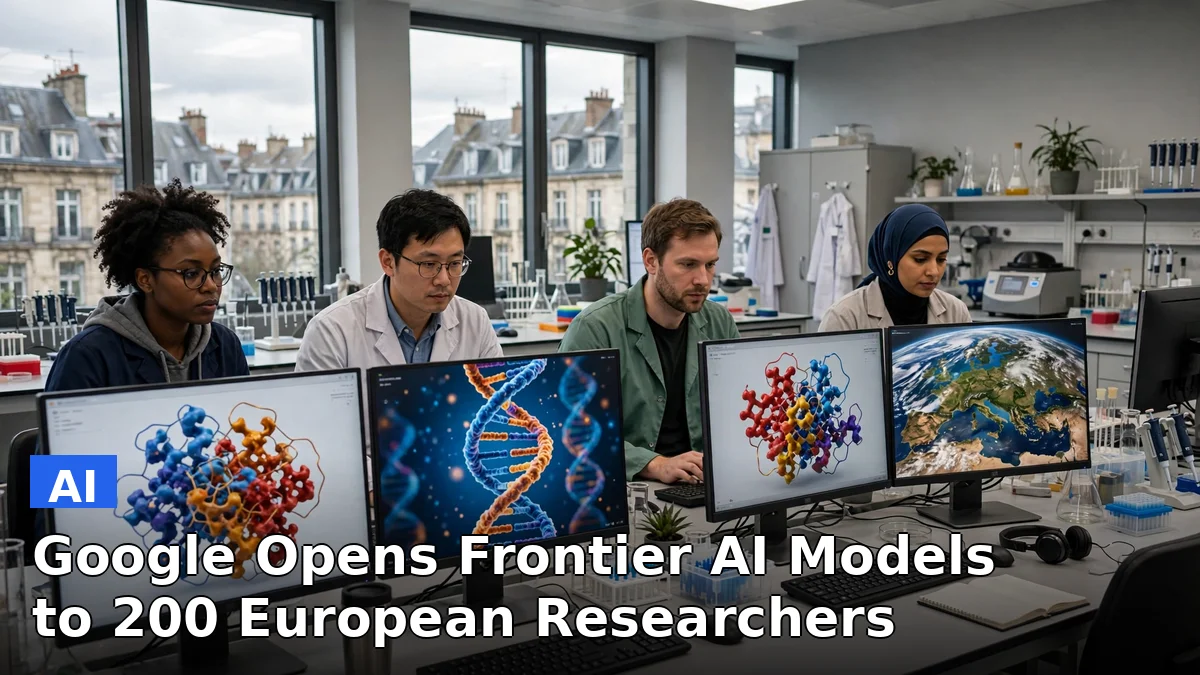 Illustration of a scientist working with AI models showing protein structures and weather patterns, representing Google DeepMind research access for European scientists