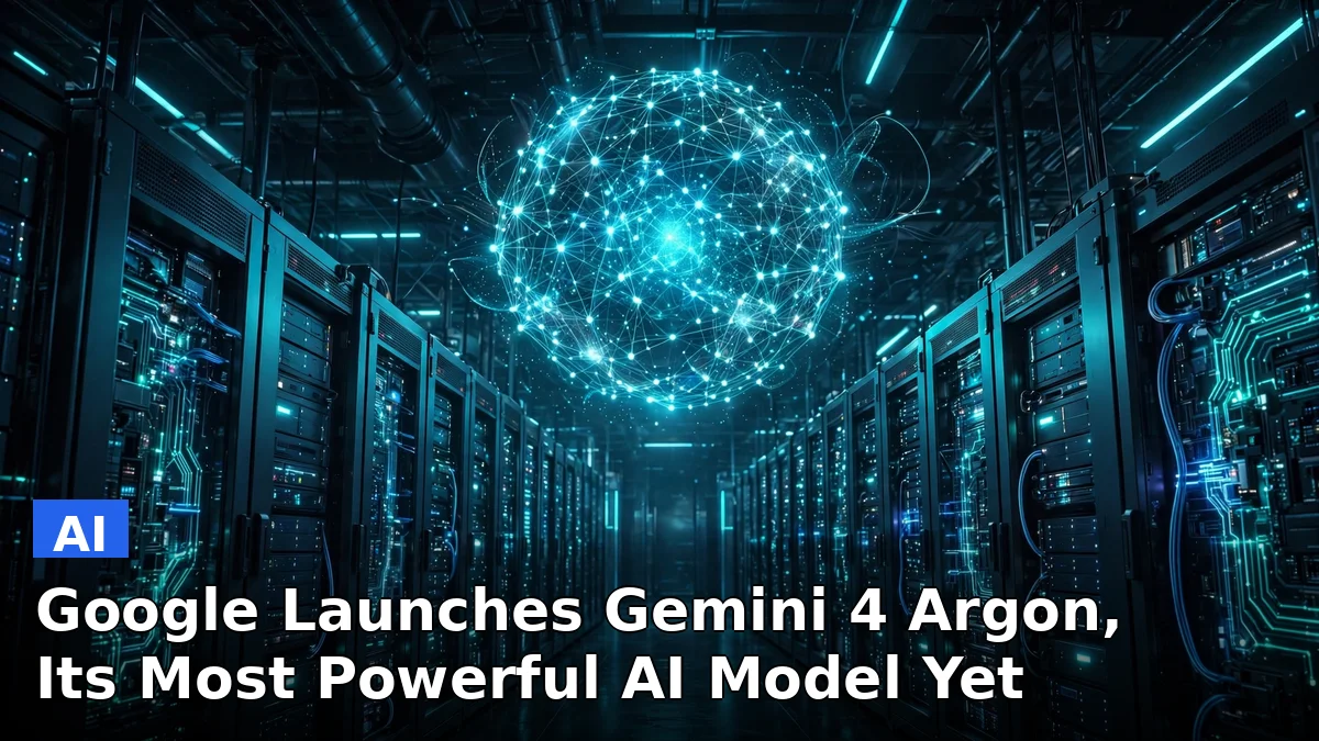 A glowing futuristic AI model visualization with digital circuitry, representing Google's new Gemini 4 Argon model