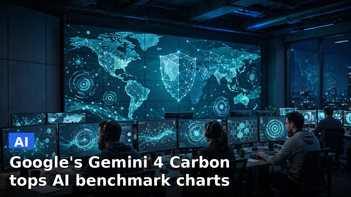 A digital illustration of a cybersecurity operations center with glowing code and shield graphics, representing Google's new Gemini 4 Carbon AI model