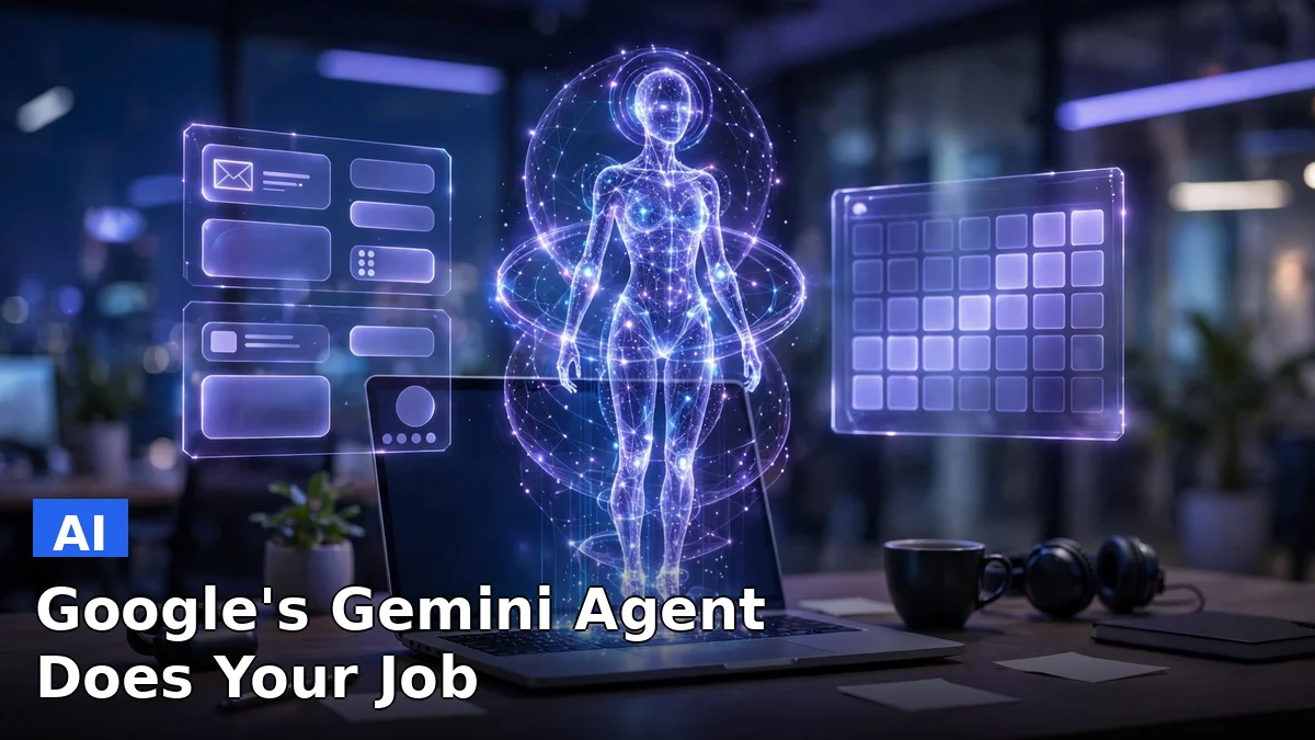 A digital AI assistant working across email and documents on a laptop screen, representing Google's Gemini agent for workplace tasks