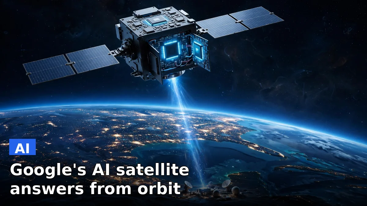A small satellite with solar panels and Google AI chips orbiting above Earth, beaming a signal back to a ground station