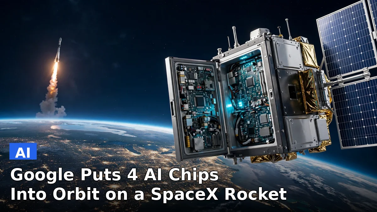 A refrigerator-sized Google Project Suncatcher prototype satellite with solar panels orbiting above Earth