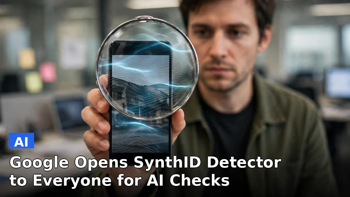 A hand holds a smartphone showing an image being scanned for AI generation, illustrating Google's public SynthID verification site