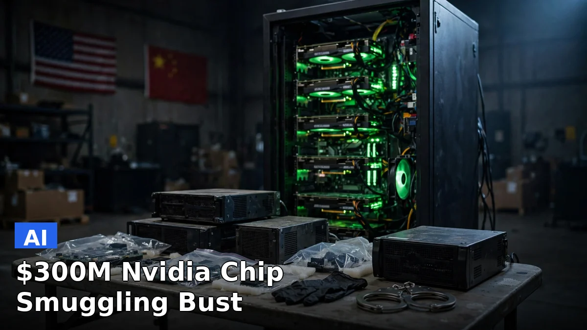 A server rack with Nvidia GPU hardware behind a US flag and a blurred China flag, illustrating the alleged $300M Nvidia AI chip smuggling scheme