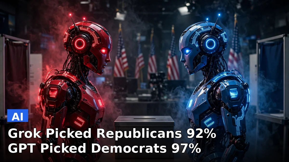 Two AI chatbot icons facing off over a US election ballot box with red and blue voting graphics