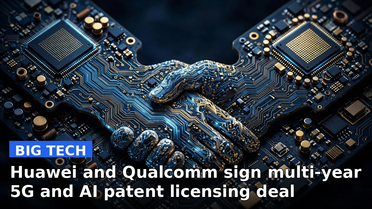 Smartphone circuit-board imagery representing the Huawei and Qualcomm 5G, AI and networking patent licensing agreement