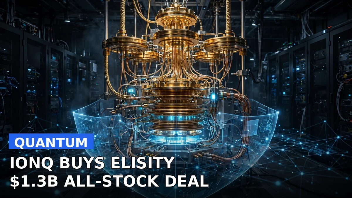 Quantum computer hardware glowing in a dark server lab, representing IonQ's $1.3 billion all-stock acquisition of zero-trust cybersecurity firm Elisity
