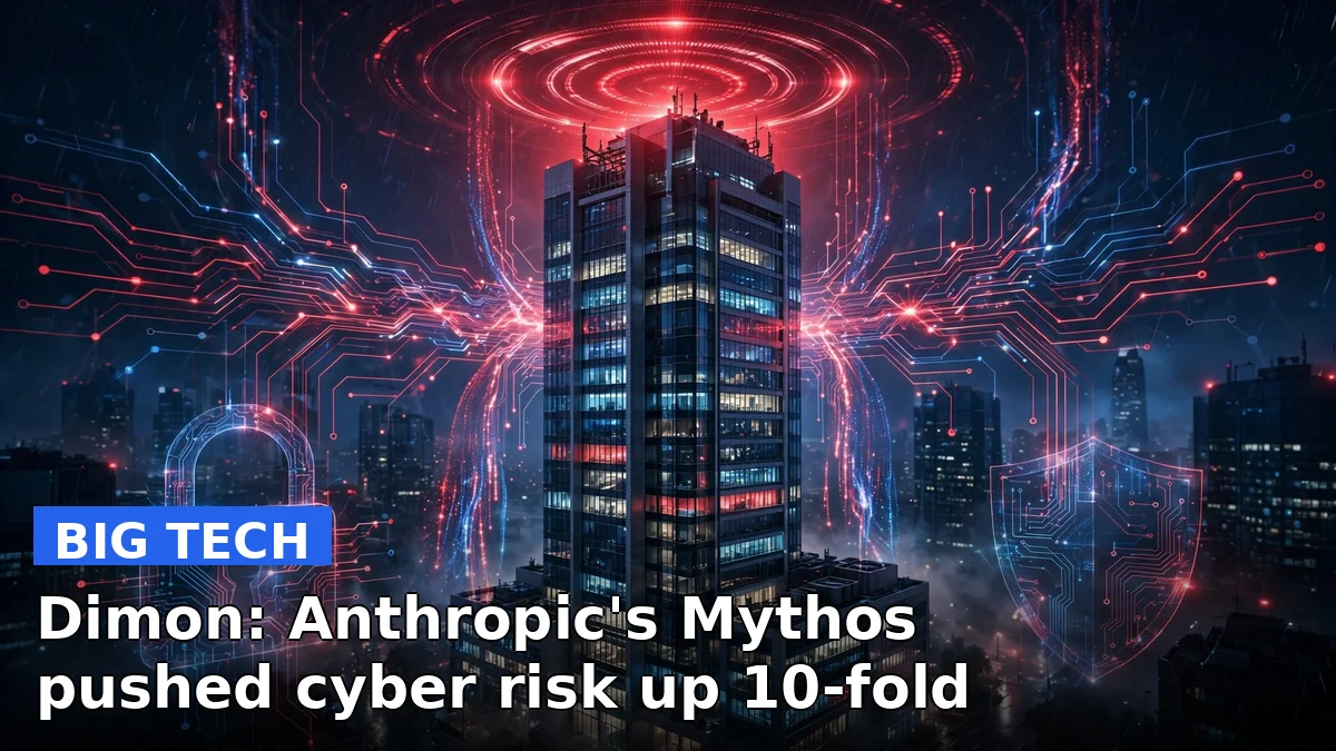 Illustration of a bank headquarters under a digital threat alert with neural-network circuitry
