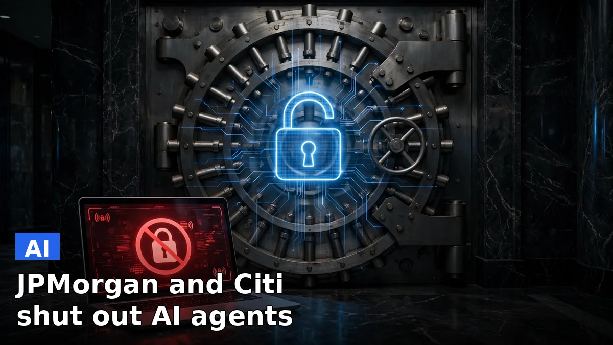A steel bank vault door with a glowing digital lock, symbolizing banks blocking AI agents from customer accounts