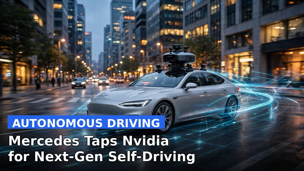 A Mercedes-Benz sedan driving itself on a city street at dusk, representing the Mercedes Nvidia self-driving partnership