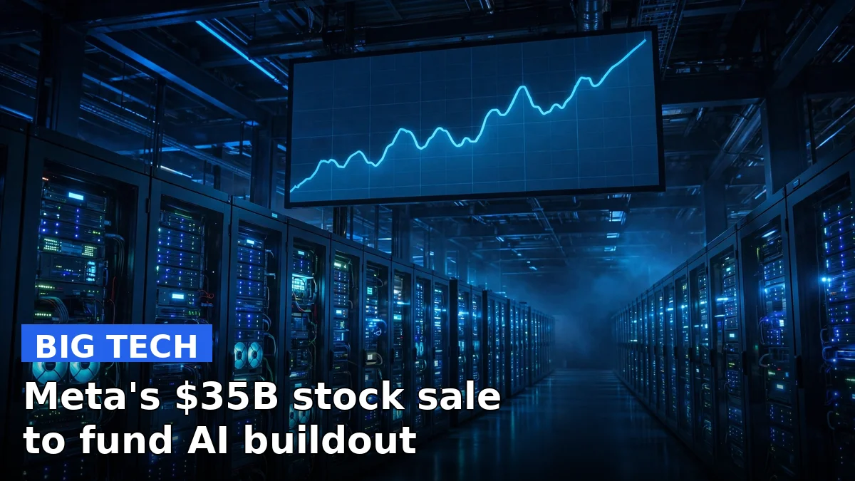 Illustration of a rising stock chart and computer servers representing Meta's stock sale to fund artificial intelligence infrastructure