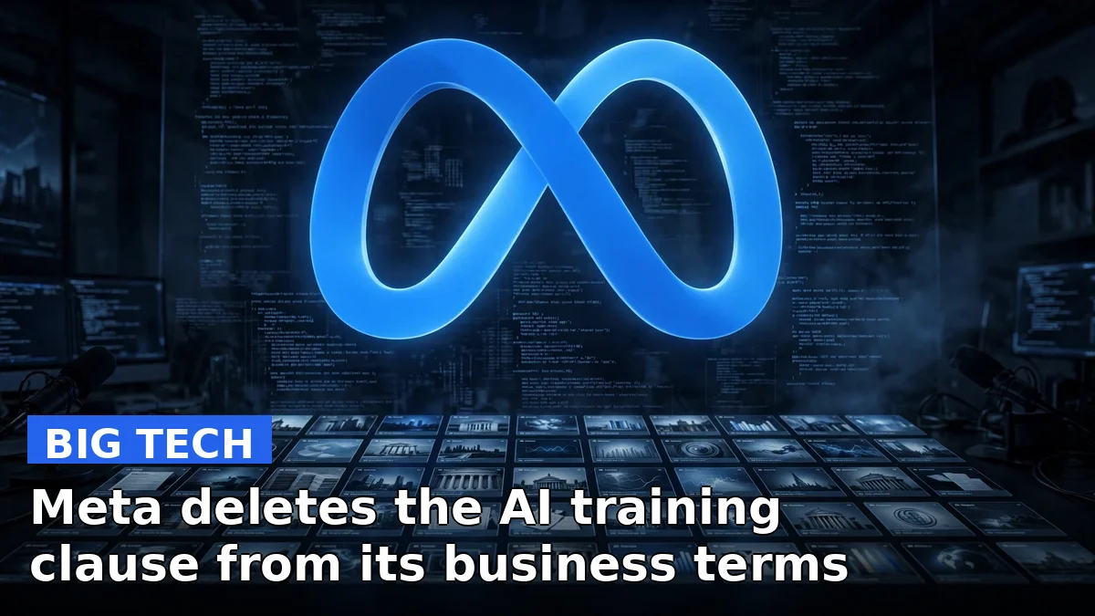 Meta logo above rows of newspaper websites, representing Meta's deleted AI training clause from its commercial terms