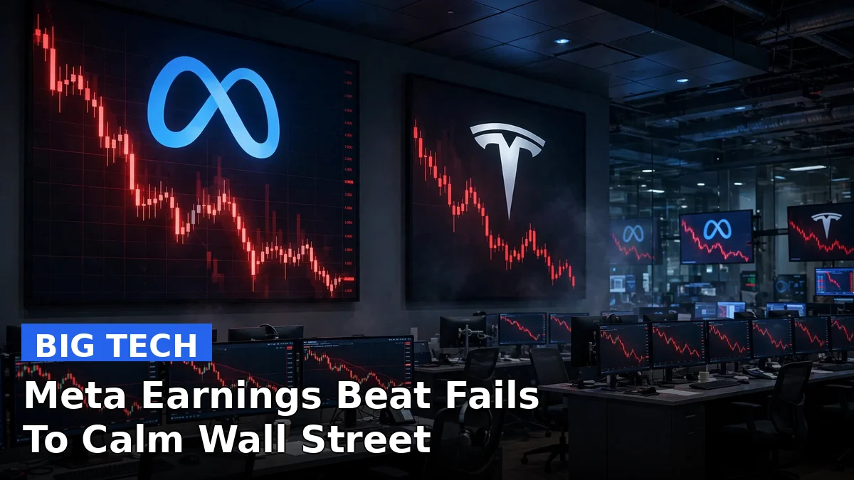 Illustration of a falling stock chart with Meta and Tesla company logos above a trading floor