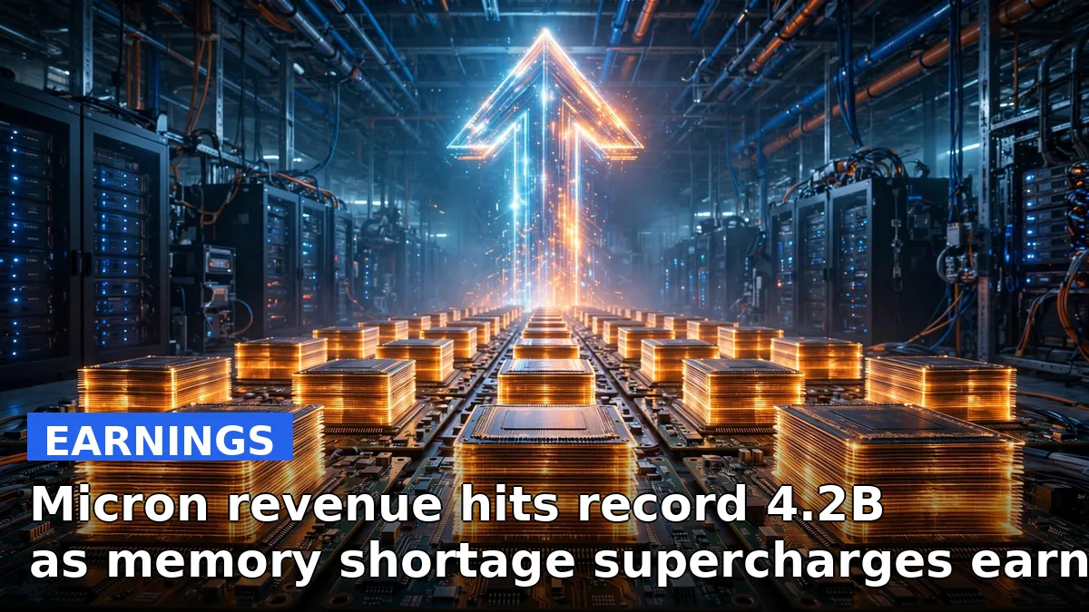 Stacks of glowing computer memory chips inside an AI data center representing Micron's record fiscal fourth-quarter results