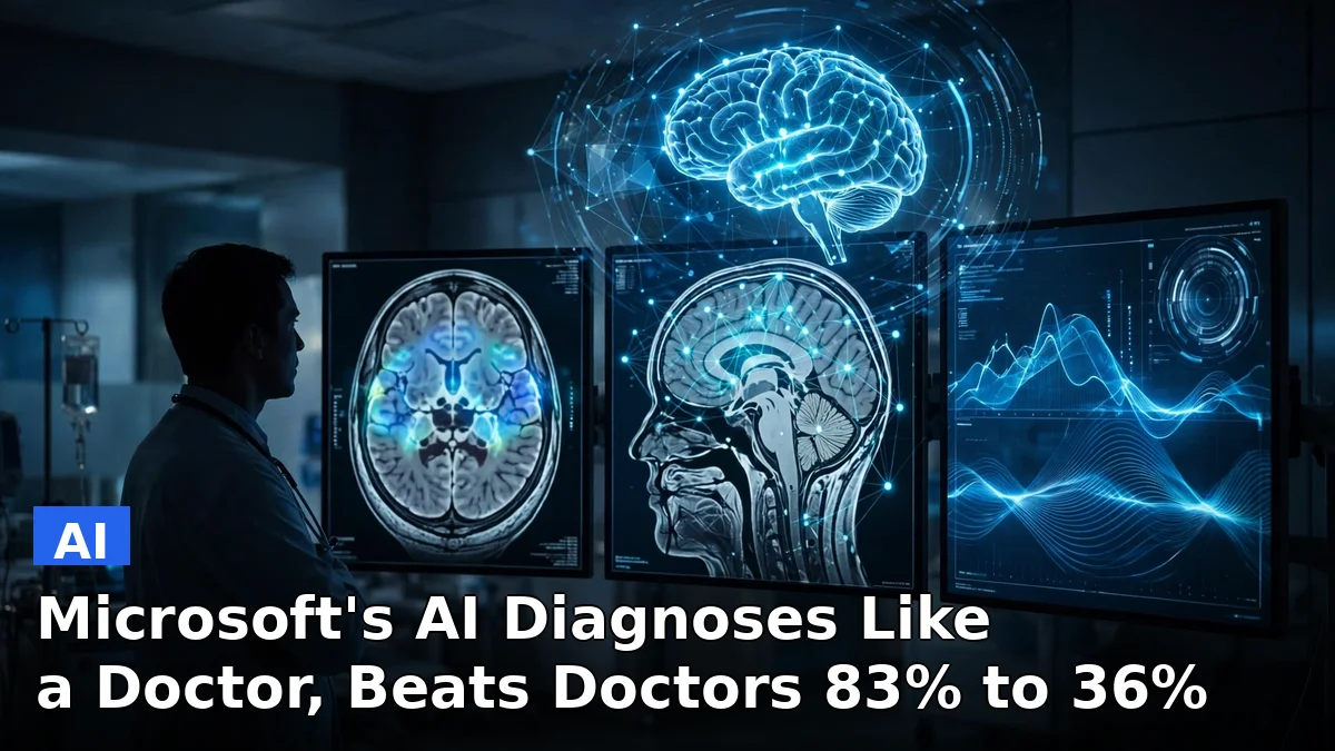 Illustration of Microsoft's MAI-DxO diagnostic AI reviewing medical scans and test data