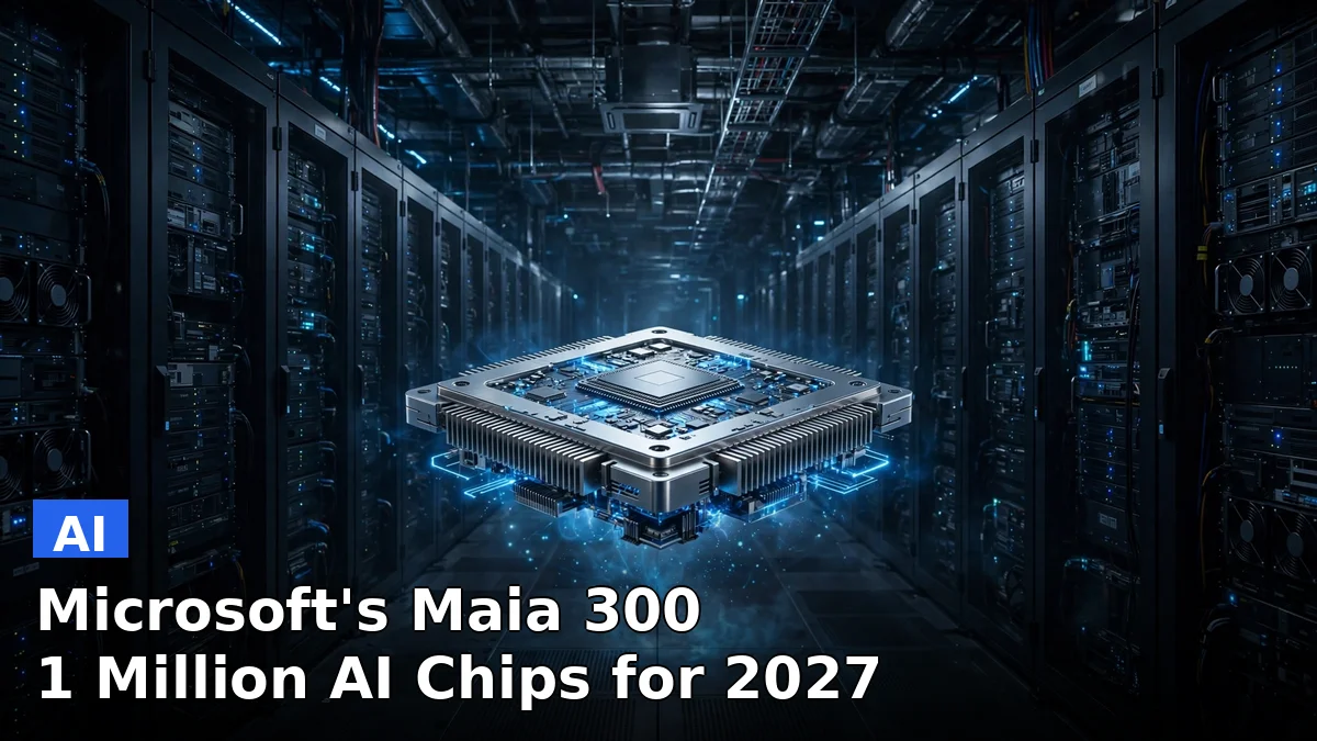 A glowing custom AI processor chip above a data center aisle, illustrating Microsoft's Maia 300 announcement