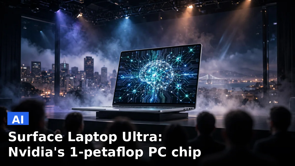 A thin laptop with glowing AI circuitry on screen at a Microsoft launch event, representing the Surface Laptop Ultra with Nvidia RTX Spark