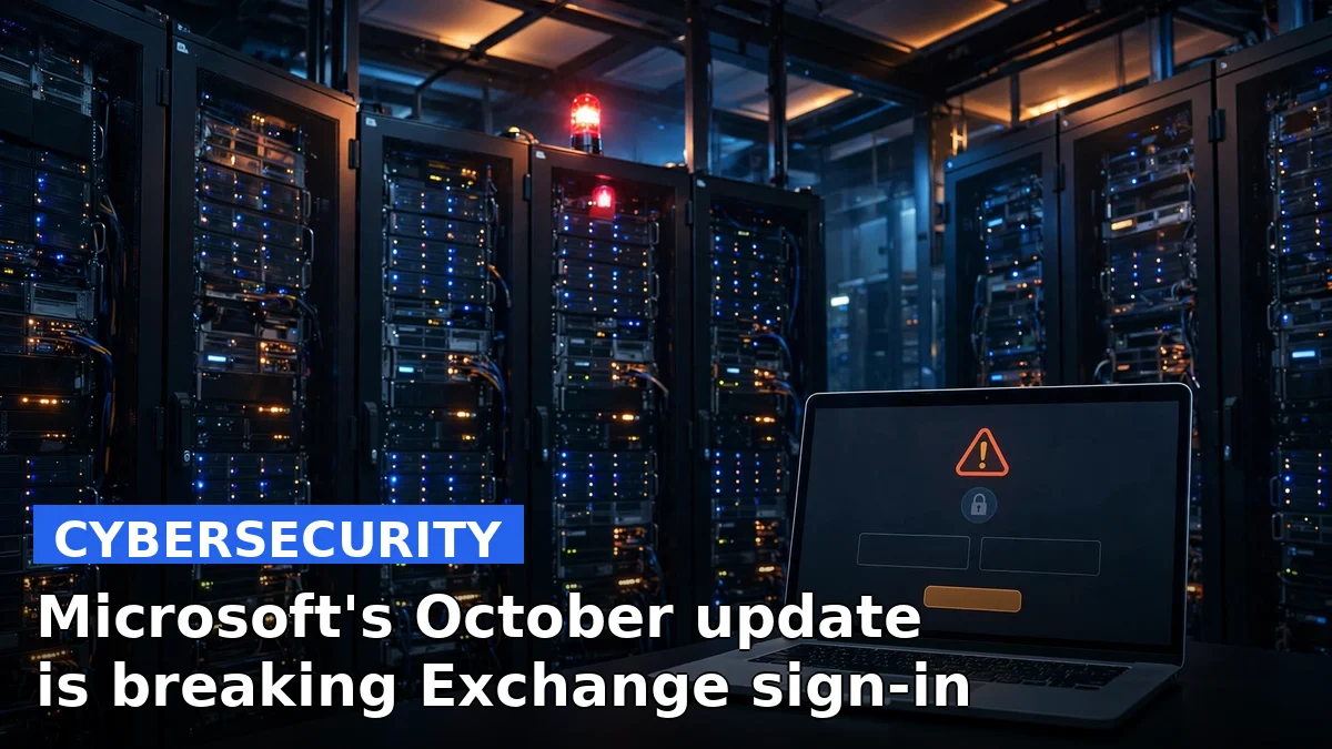 A data center server rack with email and mail-flow icons, representing the October Windows Server update disrupting Exchange email services