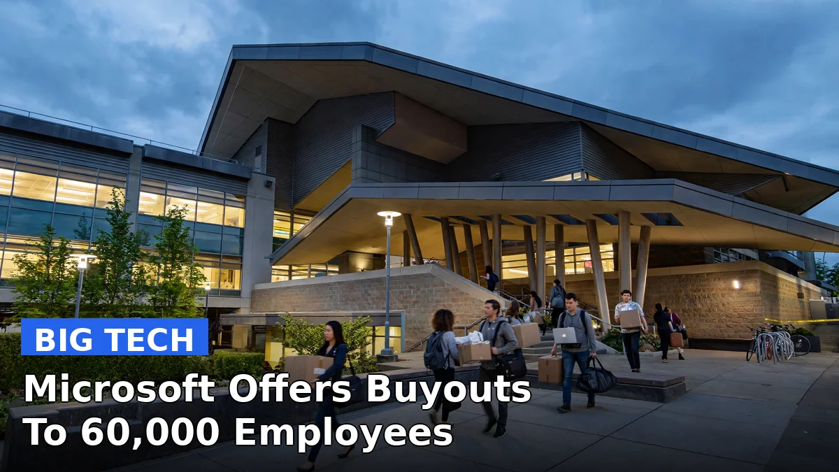 Microsoft headquarters building with the company logo, illustrating the voluntary exit offer made to about 60,000 employees on October 26, 2026