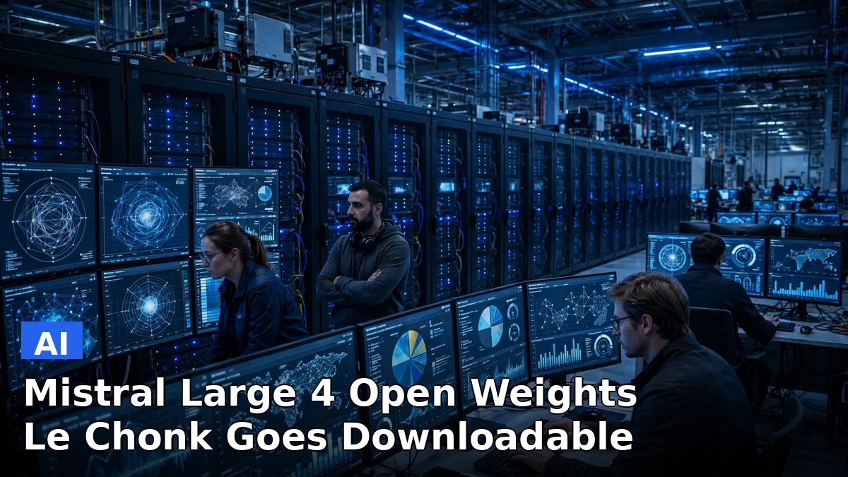 A large AI model server installation with code on screens, representing Mistral Large 4 open weights for cyber defense