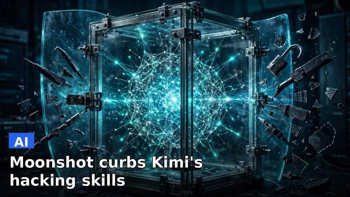 Illustration of a glowing AI network sealed inside a glass enclosure, with hacking tools held outside by a shield