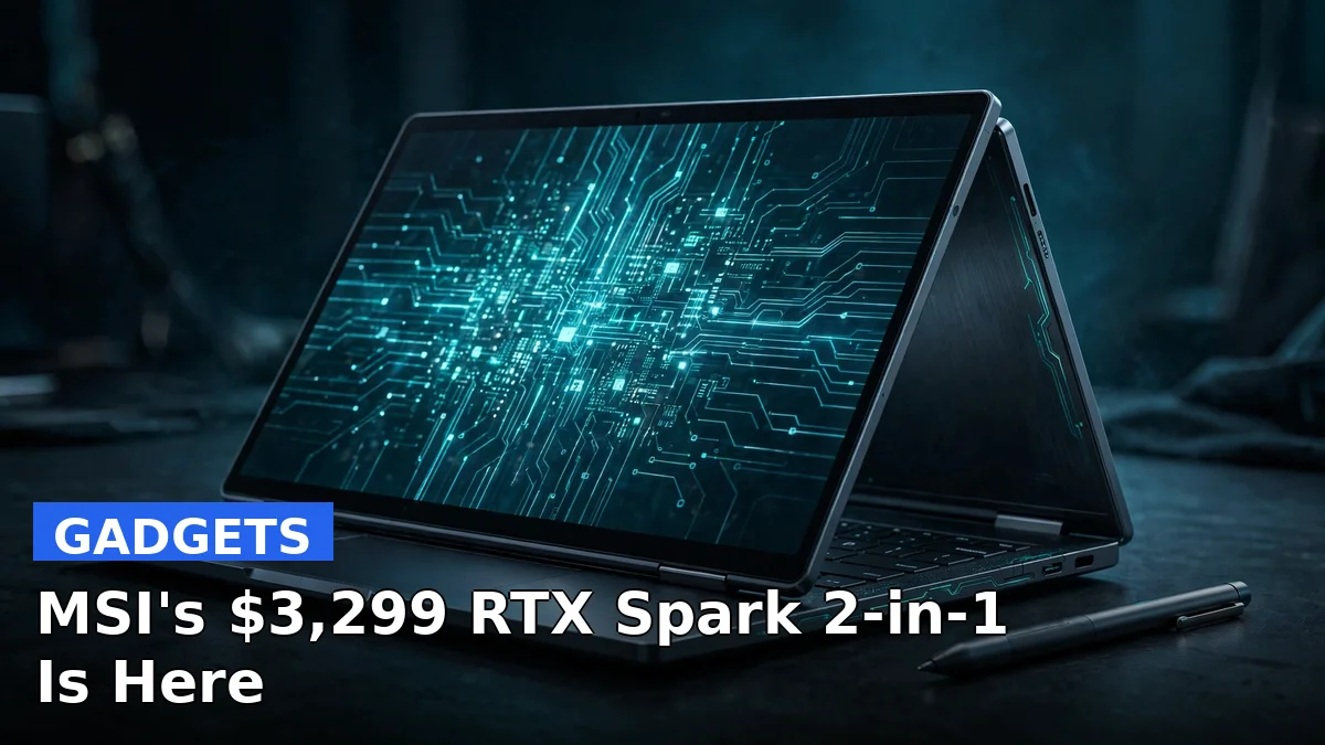 A convertible 16-inch laptop with an OLED touchscreen shown in tablet mode, representing MSI's Prestige N16 Flip AI+ with Nvidia's RTX Spark chip