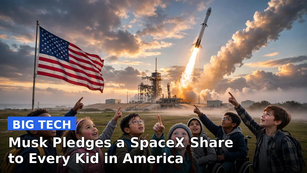 Illustration of a SpaceX rocket lifting off over a crowd of American children holding gift boxes