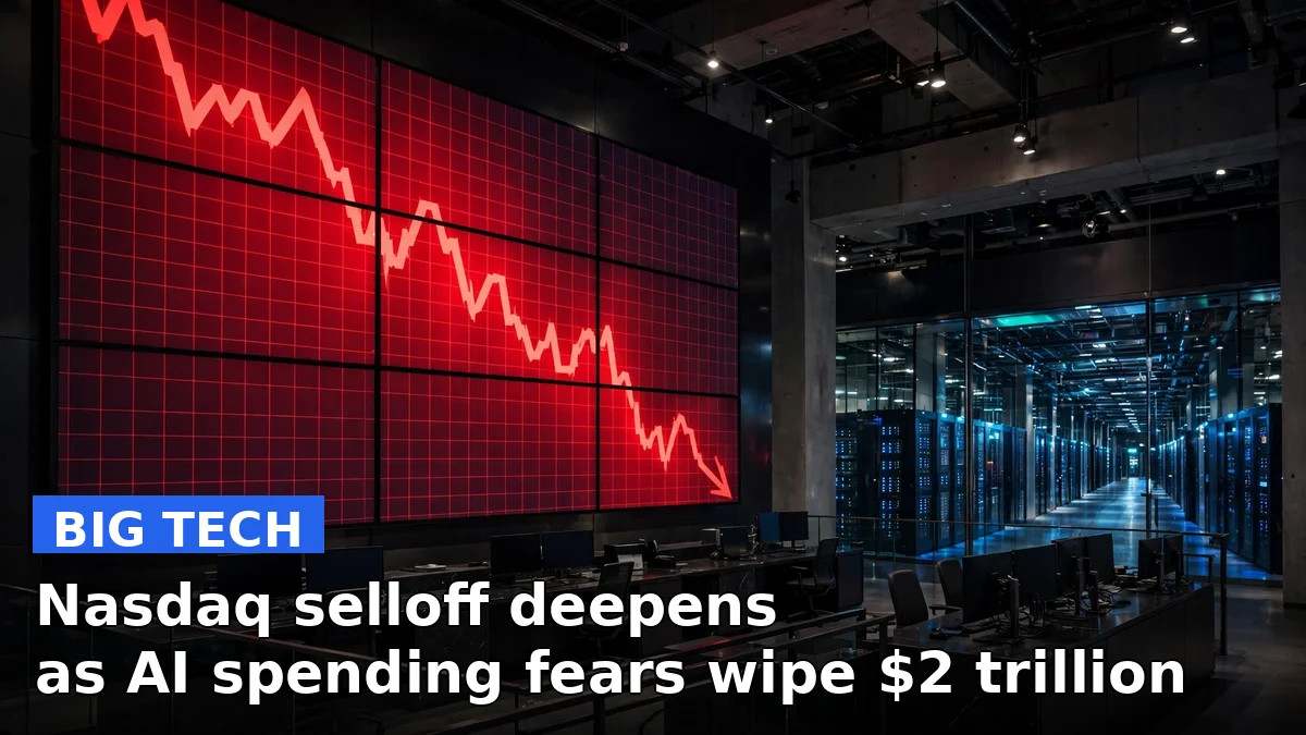 A stock market chart falling sharply in front of a data center, representing the Nasdaq selloff driven by AI spending fears