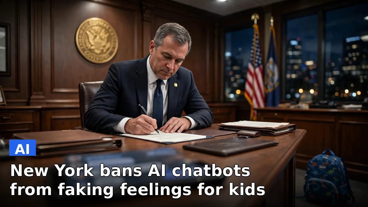 An official signing legislation at a desk in a government office, illustrating New York's new AI chatbot child safety law