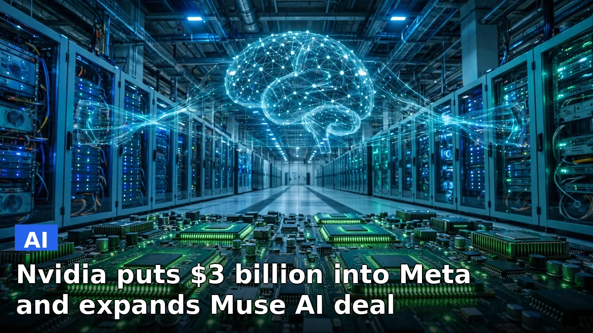 Illustration of computer chips and a digital assistant representing Nvidia's $3 billion investment in Meta and their expanded Muse AI partnership