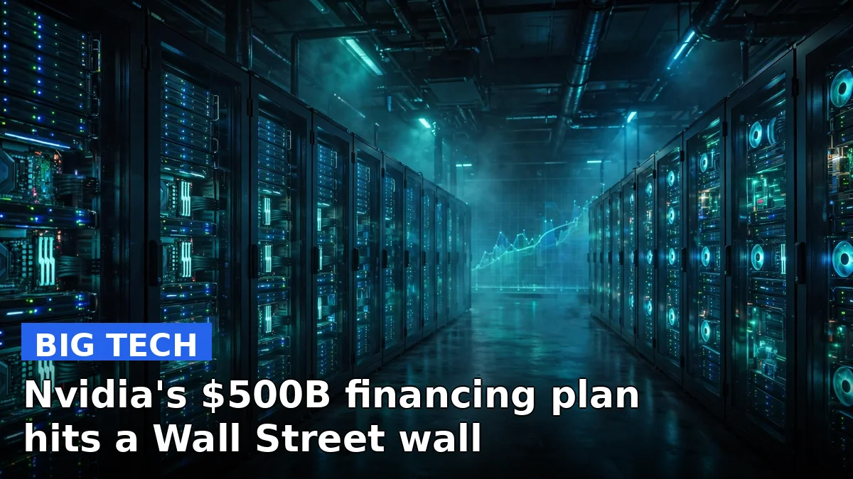 A rack of Nvidia AI GPUs inside a dark data center hall with a financial chart overlay