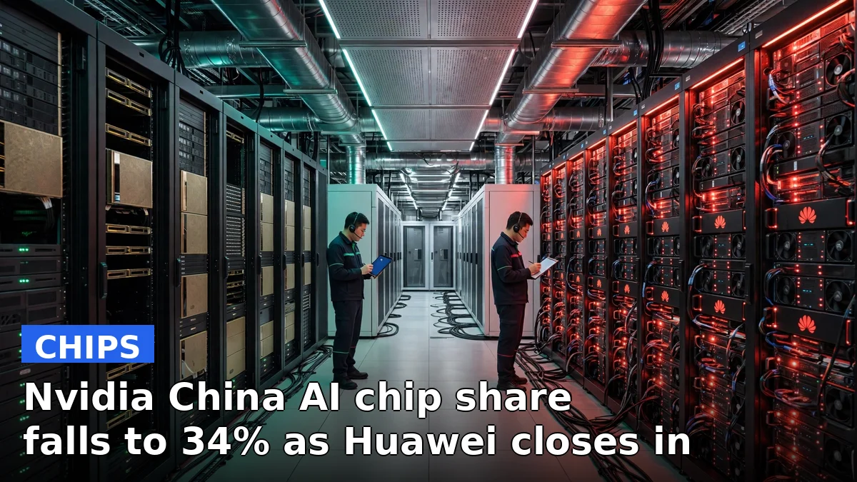 Stacked AI accelerator chips glowing in a server rack, illustrating Nvidia's slipping grip on China's data-center chip market