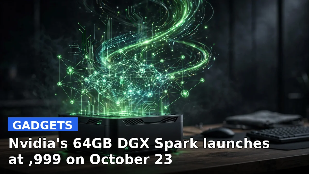 A compact desktop AI computer on a desk with Nvidia branding, representing the new 64GB DGX Spark