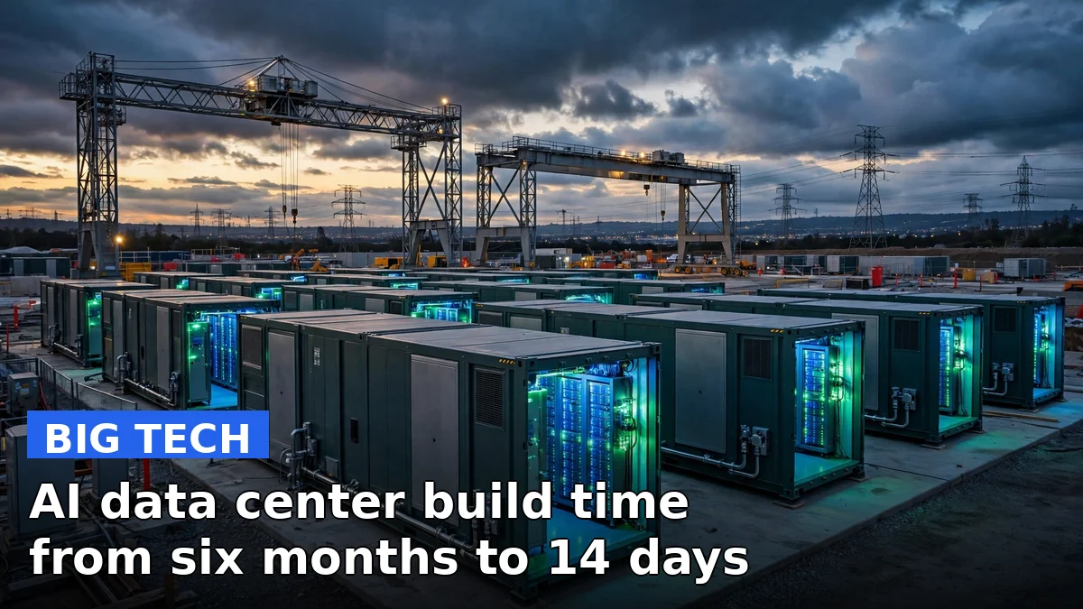 Aerial view of a modular container-style AI data center complex with Nvidia's DSX POD concept, servers glowing inside
