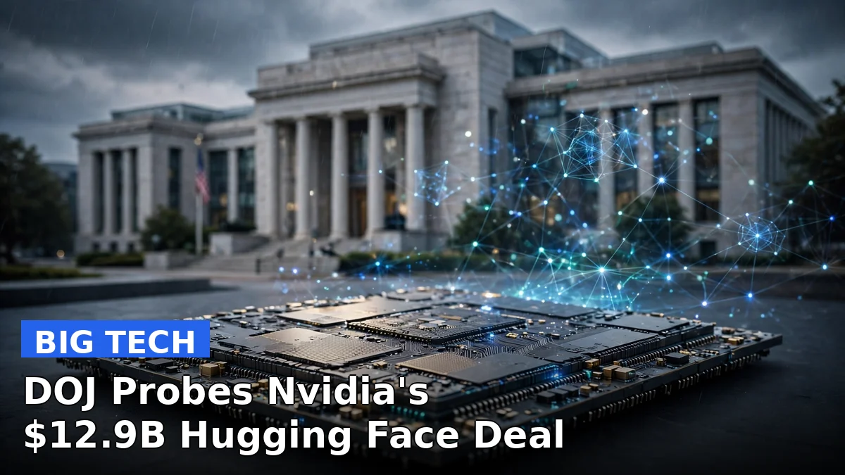 A stylized illustration of a computer chip beside an open-source AI model hub, representing the Justice Department probe of Nvidia's Hugging Face deal