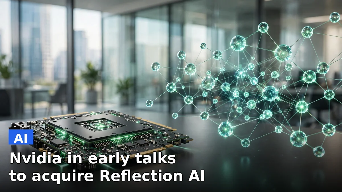 Nvidia logo beside a stylized neural network, illustrating reported acquisition talks with the open-weight AI startup Reflection AI