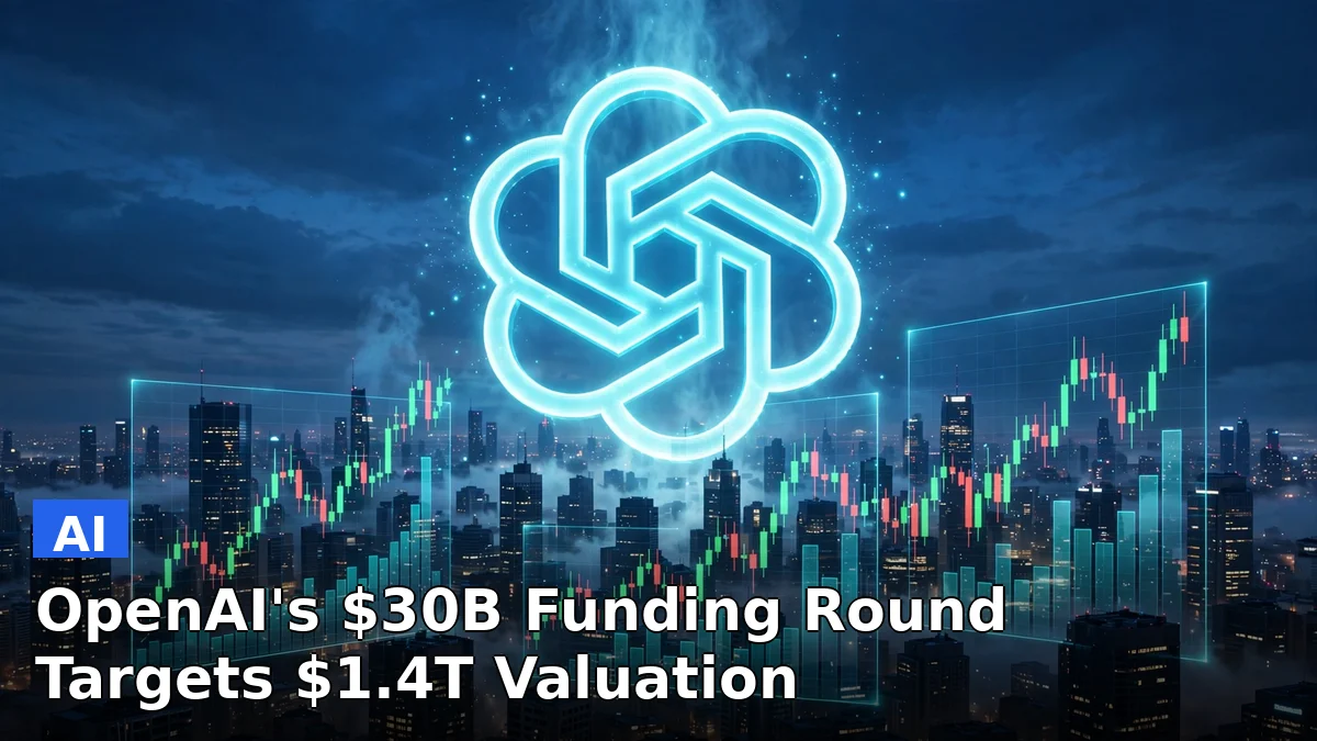 Illustration of the OpenAI logo rising above financial charts and a city skyline