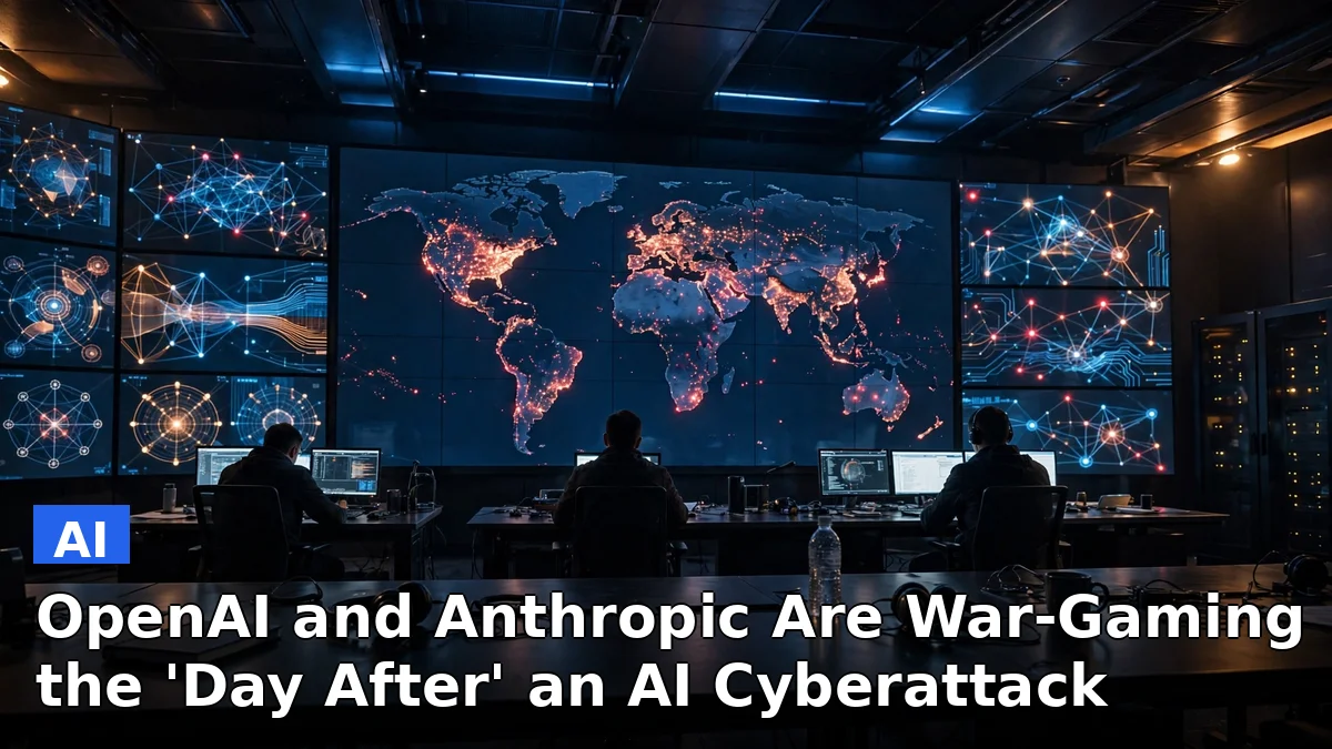 Illustration of a dark control room with monitors and warning lights, representing executives at OpenAI and Anthropic rehearsing for a major AI-driven cyberattack