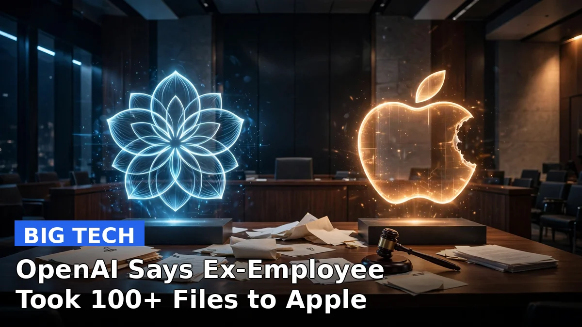 The Apple and OpenAI logos face off in a courtroom-style illustration of the escalating trade secrets lawsuit