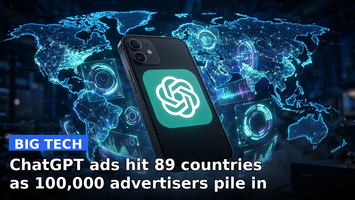 Illustration of the ChatGPT logo on a smartphone screen surrounded by glowing advertisement cards and a world map