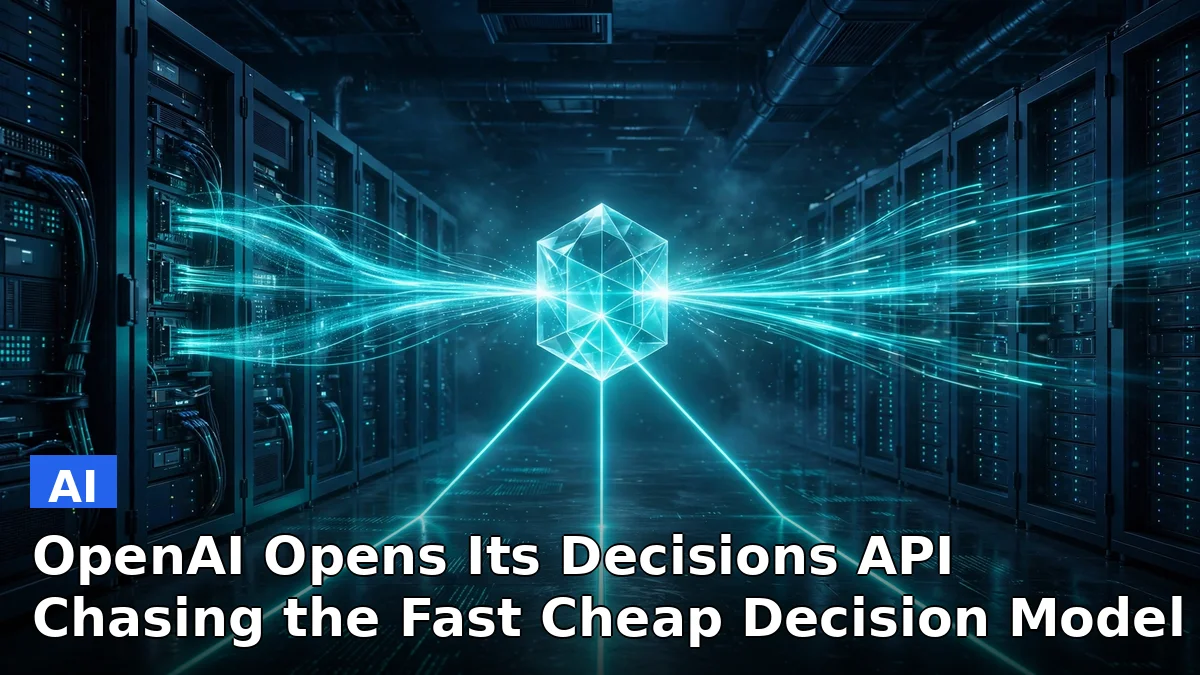 Abstract visualization of OpenAI's Decisions API routing structured choices at high speed