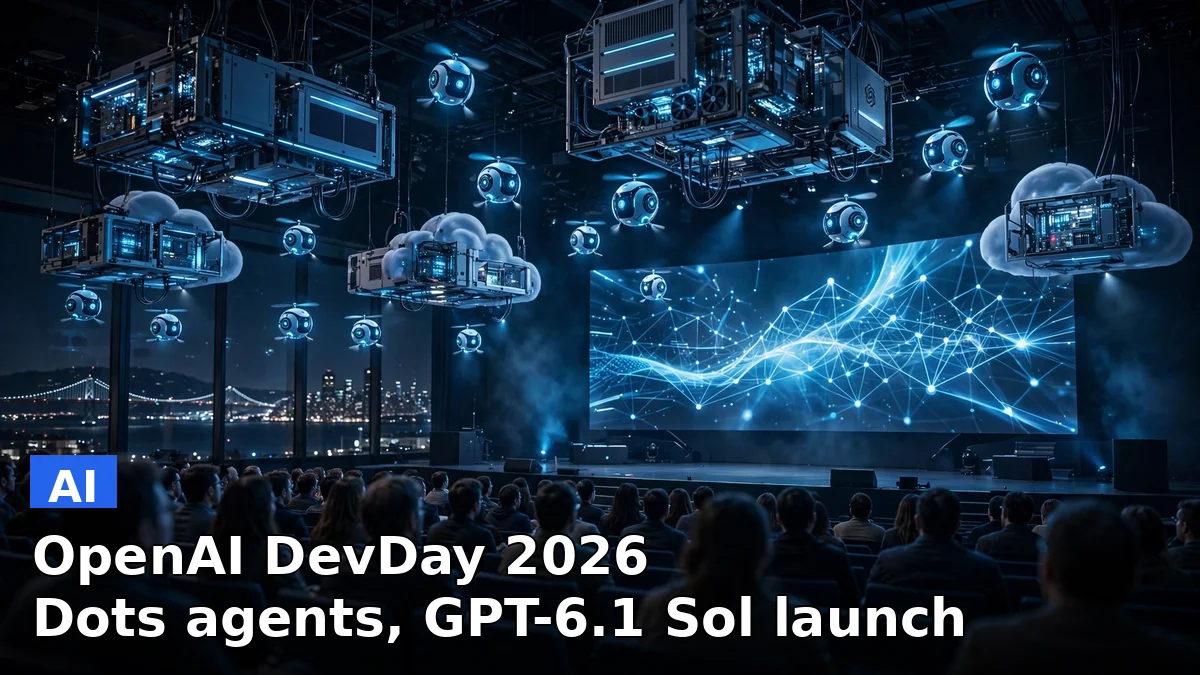 Illustration of the OpenAI DevDay 2026 stage in San Francisco with glowing always-on AI agent dots orbiting above a crowd
