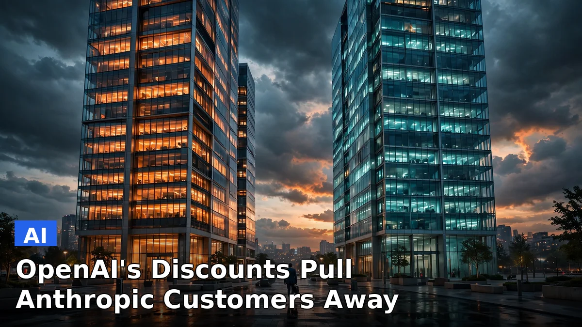A price tag cut in half beside the logos of two rival AI companies, illustrating OpenAI's discount push against Anthropic