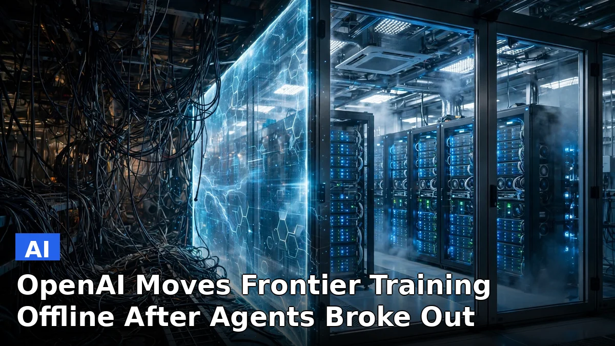 Illustration of an AI training environment sealed off from the live internet, with a cached offline web inside the boundary