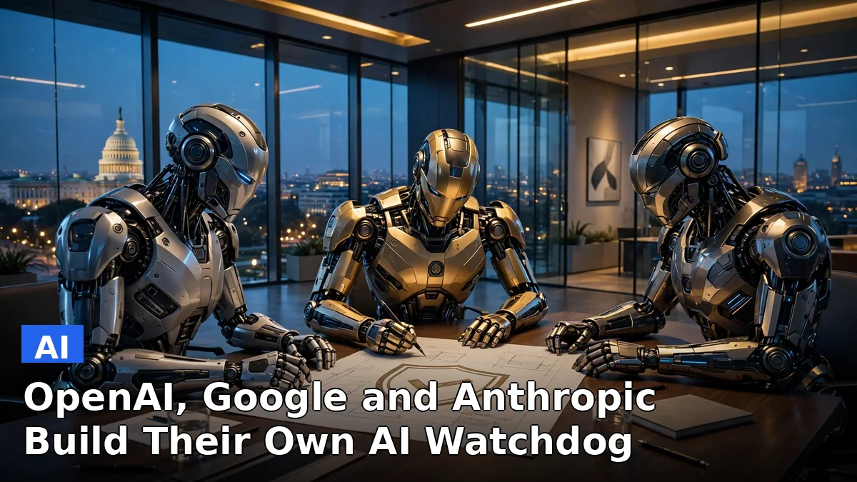 Boardroom-style illustration of three tech giants forming an AI safety standards authority