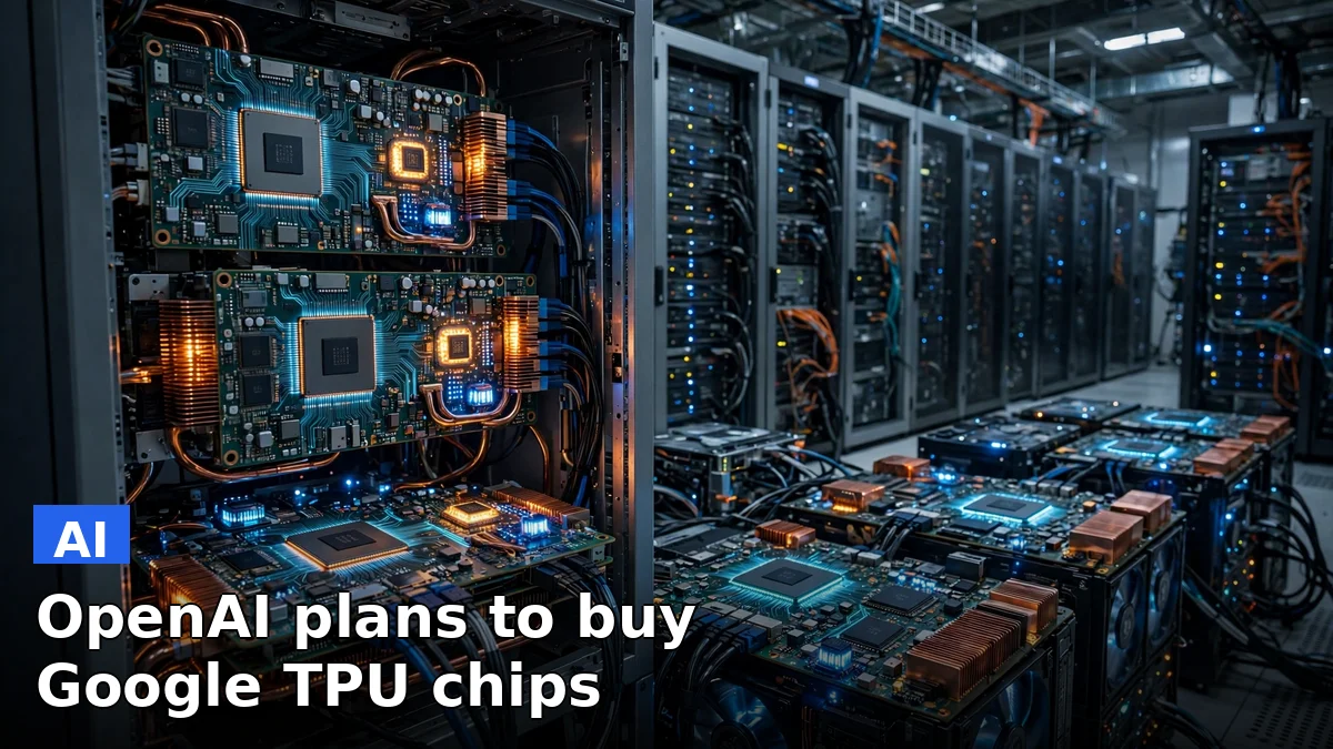 Illustration of AI computer chips and server hardware, representing OpenAI's reported plan to buy Google TPU chips