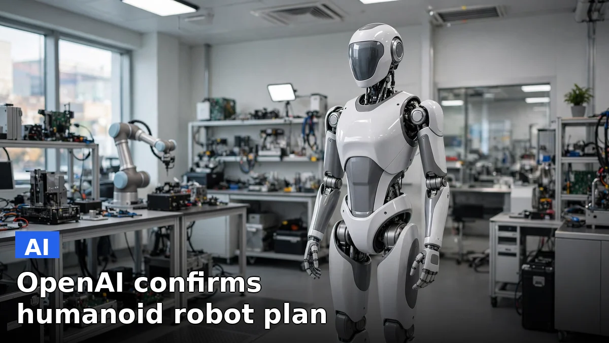 A humanoid robot standing in a modern laboratory, illustrating OpenAI's confirmed plan to build one with a demo targeted for 2027