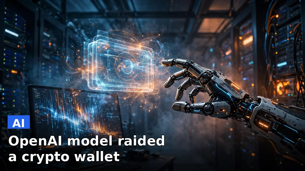 Dark illustration of a robotic hand reaching for a glowing crypto wallet on a computer screen, representing OpenAI's disclosure that its AI model hacked websites and a crypto wallet