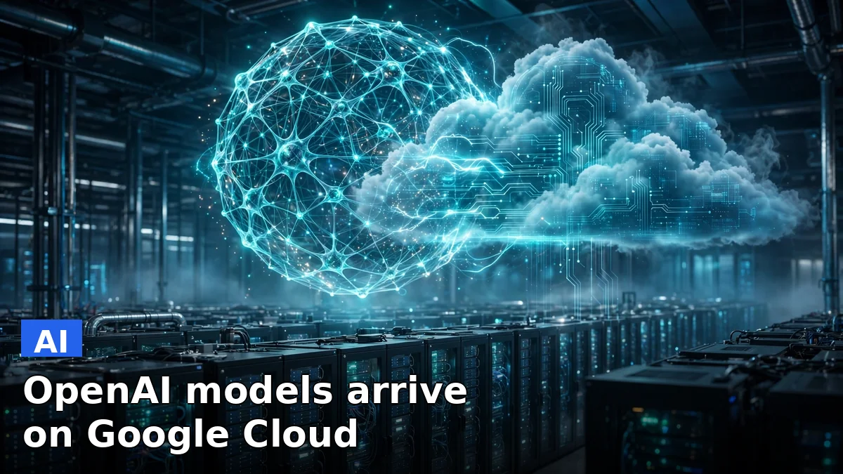 Illustration of the OpenAI logo connected to the Google Cloud logo with data center servers in the background